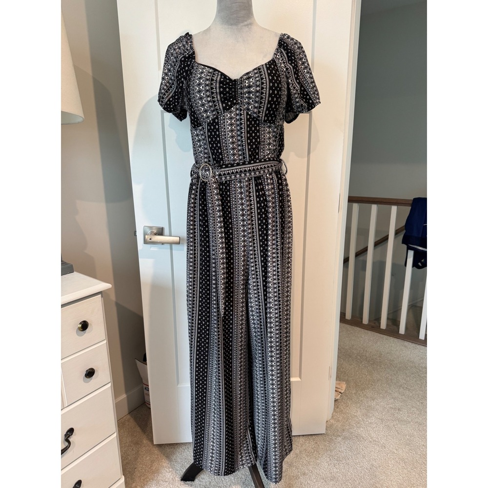 No Comment Womens Black White Geometric Y2K Print Wide Leg Jumpsuit XL NWT